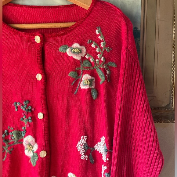Red Knit Cardigan with Felted Flowers - Picture 2 of 5